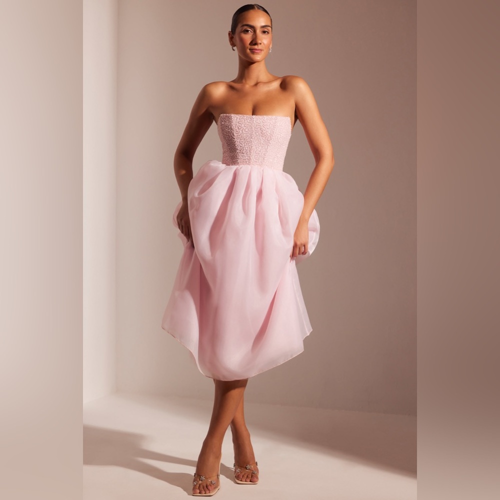 NWT Oh Polly Rosette Embellished Corset Tulle Skirt Midi Dress in Blush - Picture 7 of 10